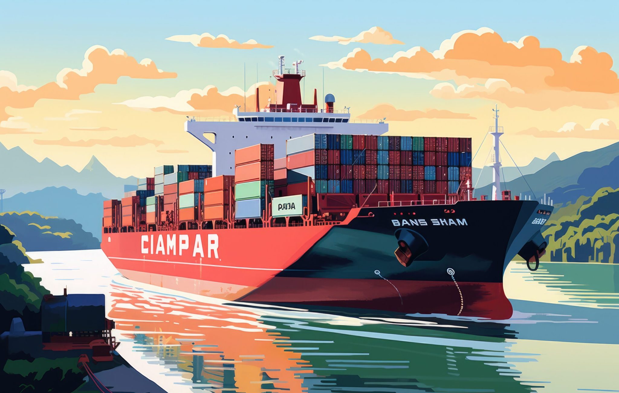 Cargo ship in the sea. Freight transportation. Vector illustration, Illustration of a container ship passing through the Panama Canal, AI Generated